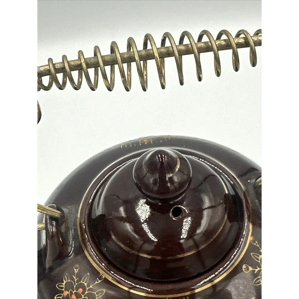 VTG Japanese Brown Moriage Floral Teapot w/ Metal Spring Handle Ceramic 3 Footed